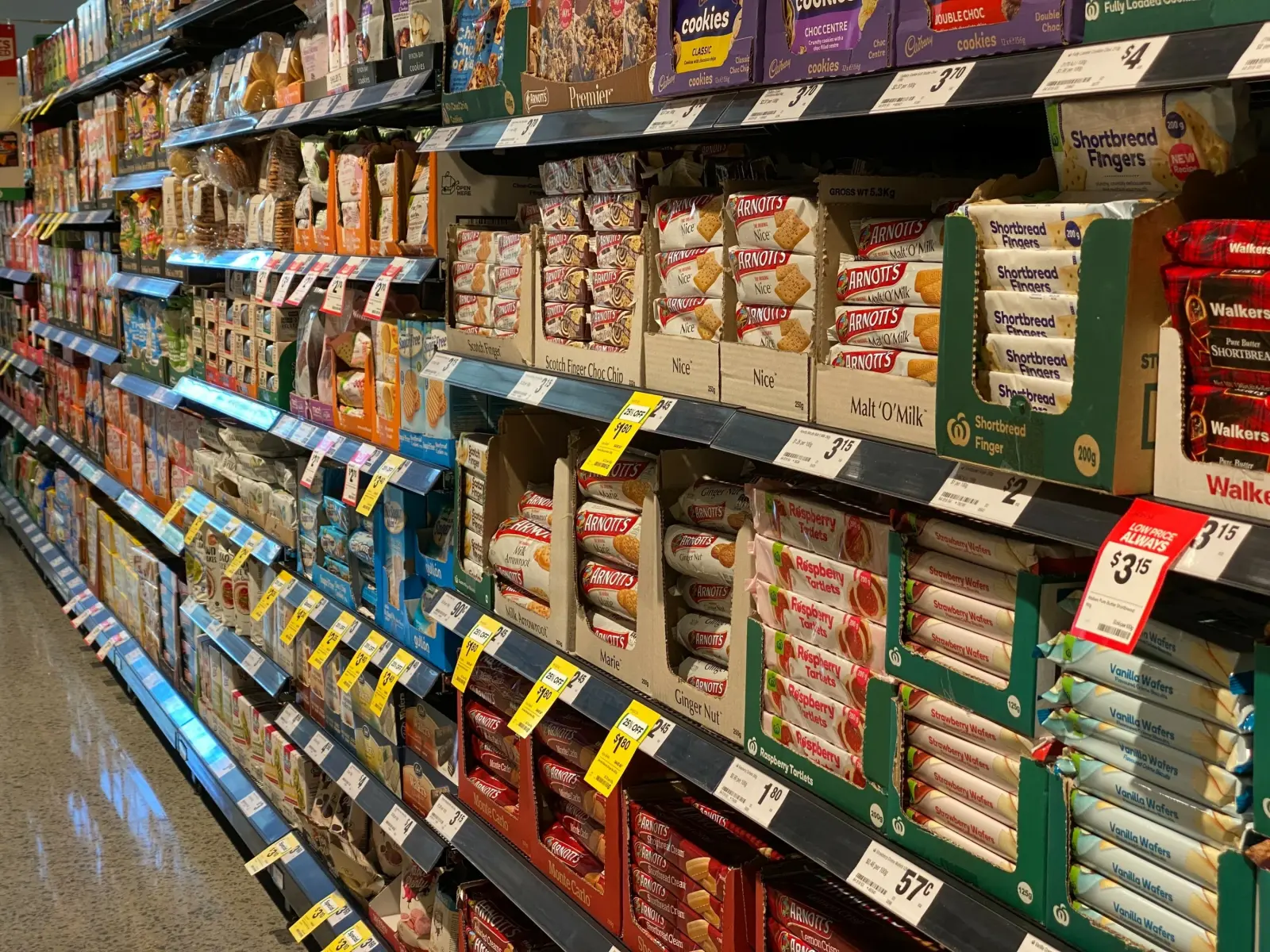 Supermarket aisle with shelves of biscuits and price tags
